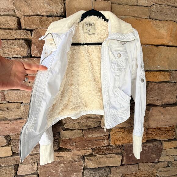 Y2K Guess White Fur Cropped Utility Moto High Neck Convertible Full Zip Jacket S - Picture 5 of 16